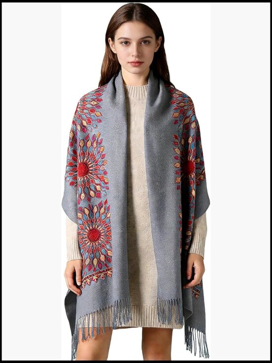 Accessories - Oversized Cashmere Feel Winter Scarf Embroidered Pashmina 78x27
